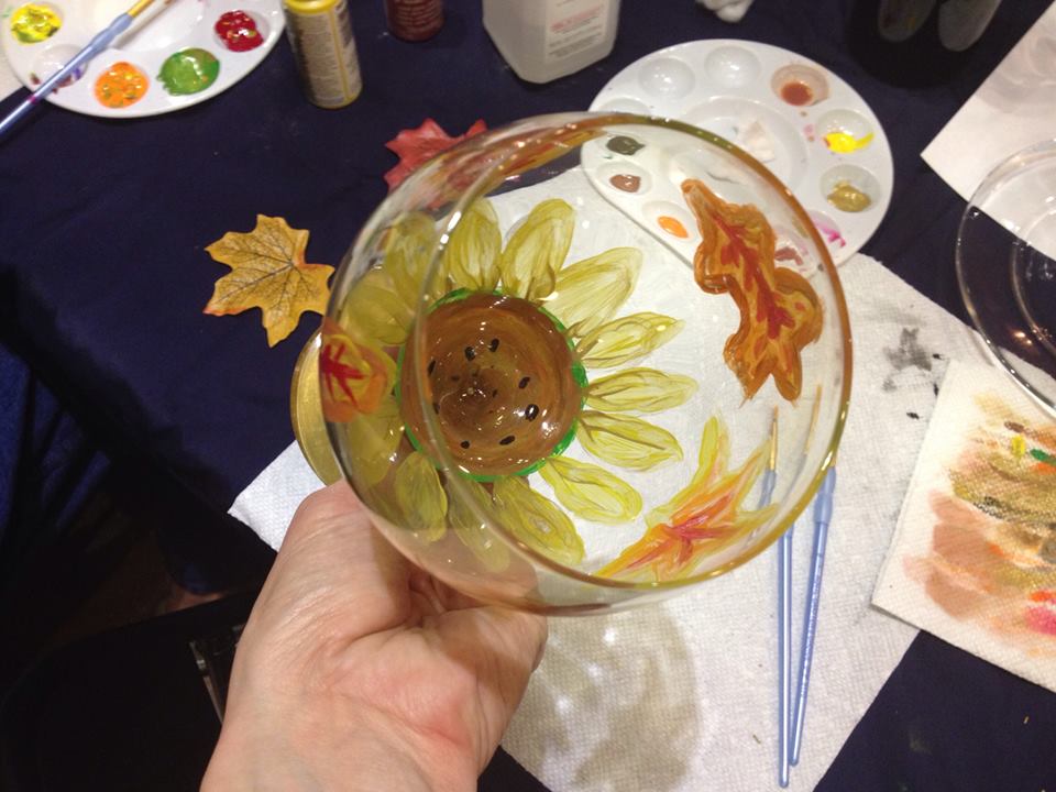 painted wine glass sunflower leaf